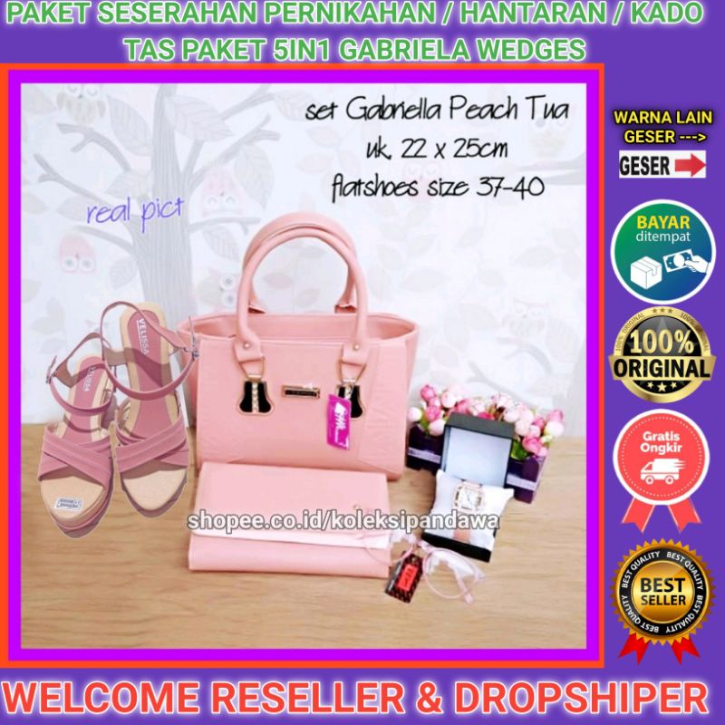 TAS PAKET SESERAHAN PERNIKAHAN KACAMATA JAM TANGAN DOMPET WANITA SENDAL WEDGES SANDAL WEDGES WANITA 