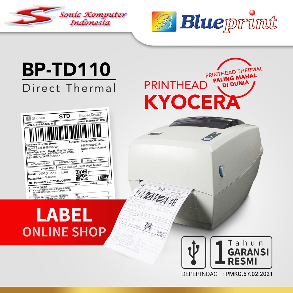 Printer Barcode Thermal Blueprint TD110 USB Print Label Resi Pengiriman A6 BP-TD110