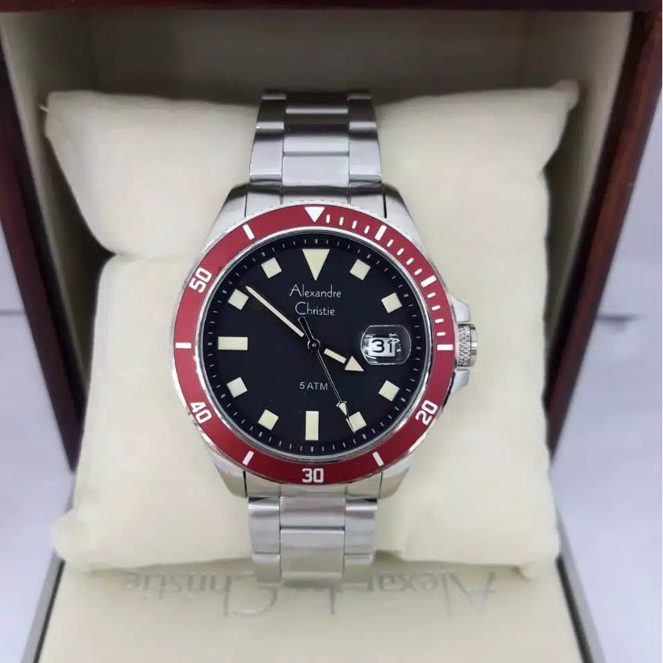Alexandre Christie 100% Original ac6446 Jam Tangan Pria Stainless Steel silver case merah
