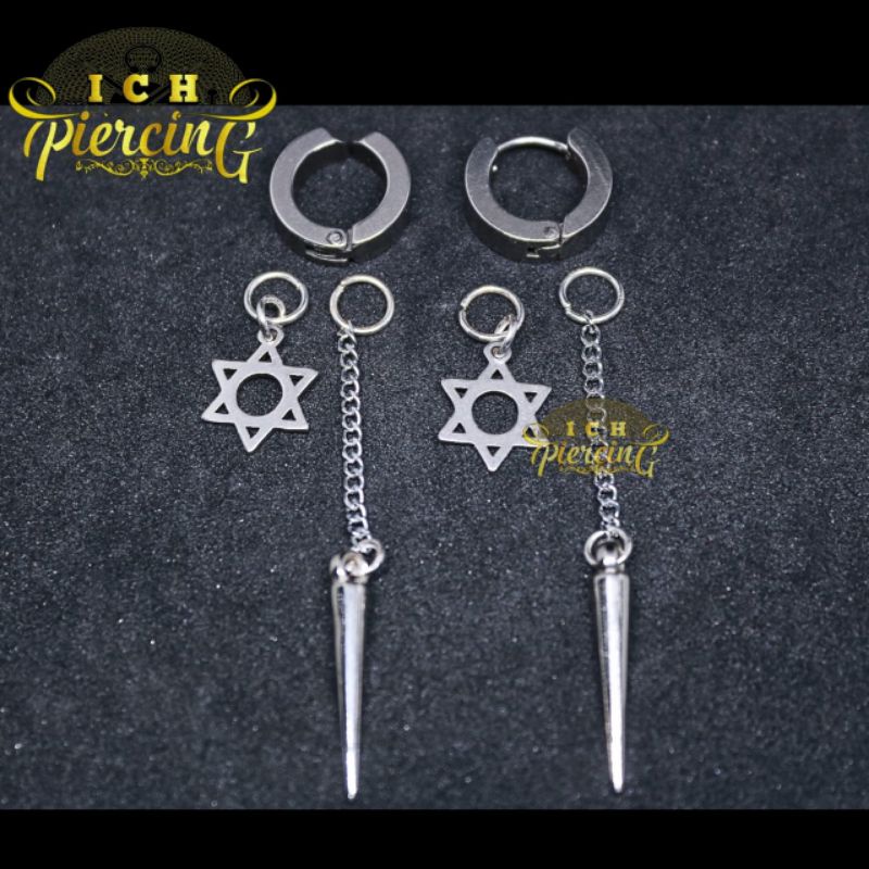 VIRAL Anting Bintang Hexagram Rantai Tmbak Titanium steel / Anting Pria Wanita Gantungan Piercing Xuping