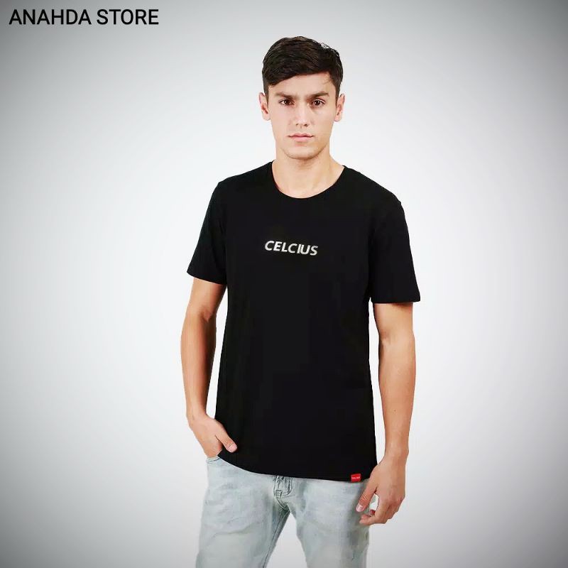 kaos celcius round neck hitam D133CK sablon celcius putih ready