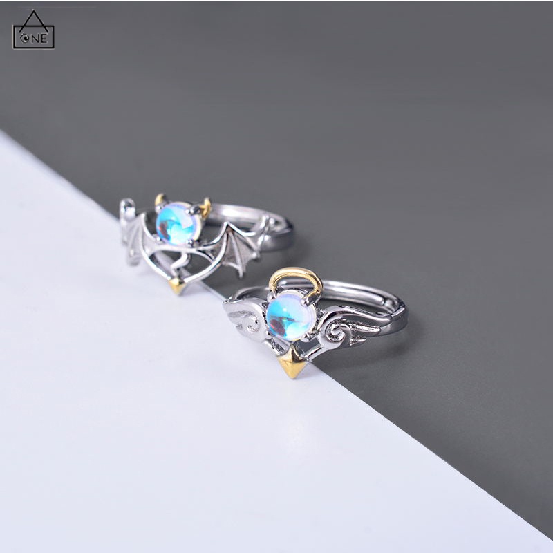 COD❤️Perhiasan Cincin Pasangan Perak Fashion Korea Biru Moonstone Malaikat Setan-A.one