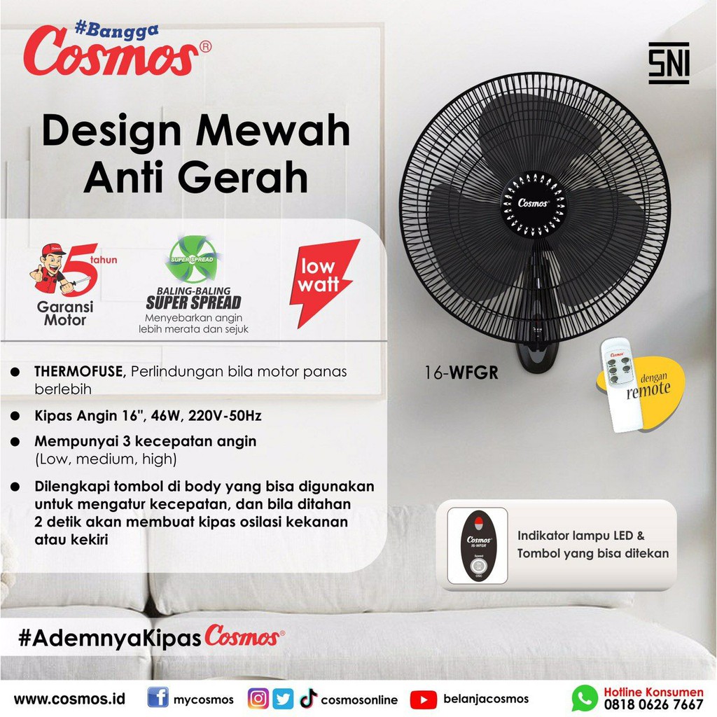 COSMOS 16 WFGR WALL FAN 16 IN BLACK + REMOTE / KIPAS ANGIN DINDING / 16WFGR