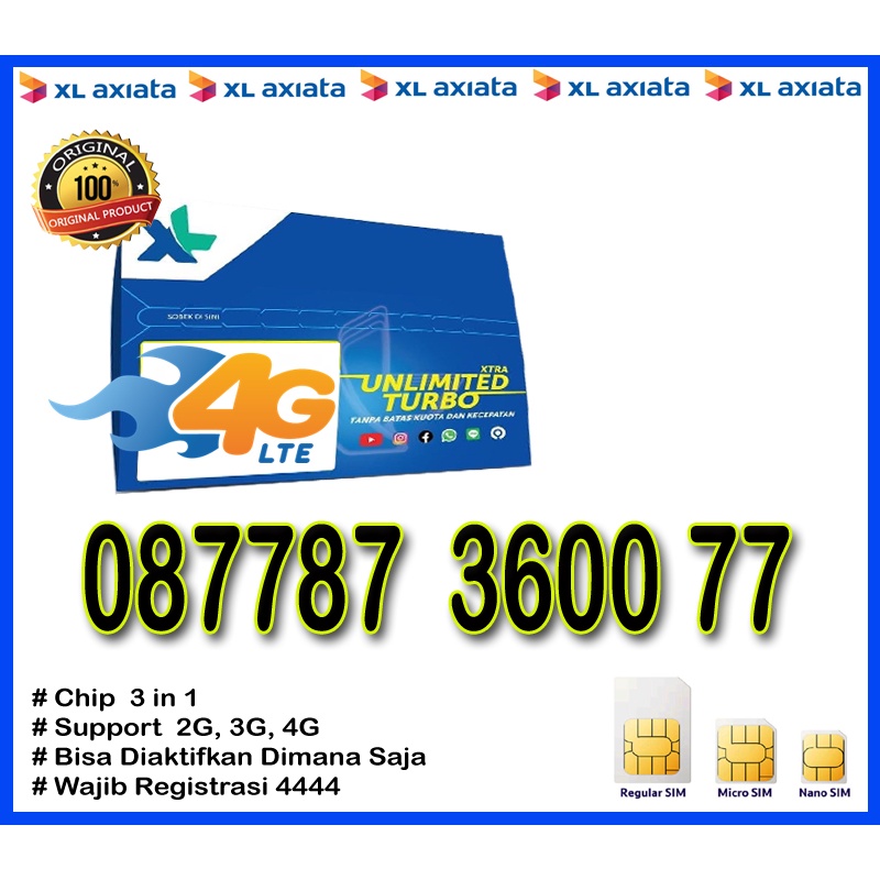 Nomor Cantik Perdana XL Axiata 4G LTE "087787 3600 77"