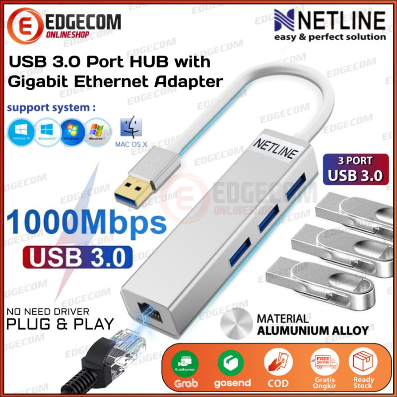 USB 3.0 HUB 3 Port + Gigabit Ethernet Adapter 1000Mbps Converter NETLINE