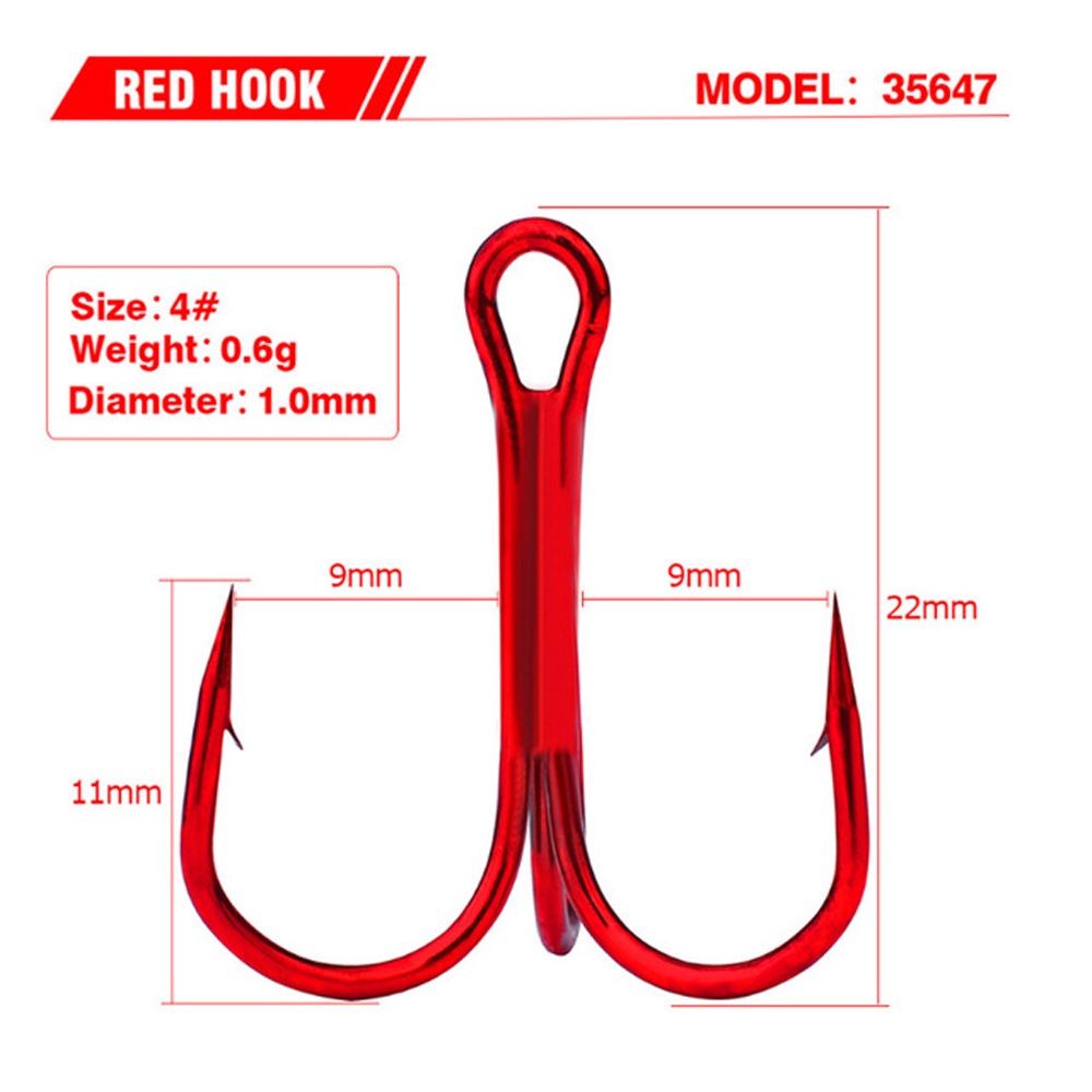 REBUY Fishing Tackle Fishing Hooks Pesca High Carbon Steel Treble Hook Bent Round Fishing Accessories For Saltwater Bass 20pcs/lot 2/4/6/8/10# Red Hooks