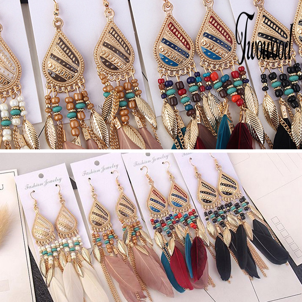 Anting Hook Panjang Menjuntai Aksen Bulu Gaya Vintage Untuk Wanita