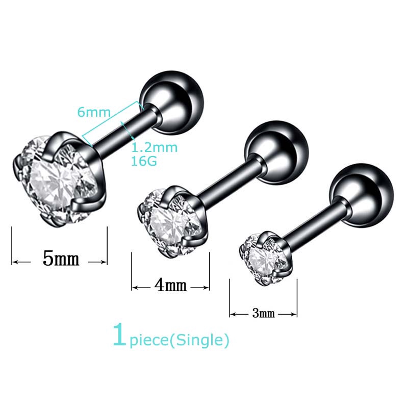 1piece 4-claw stainless steel 16G Barbell Zircon Ear Cartilage Tragus Helix Stud Earrings 6mm