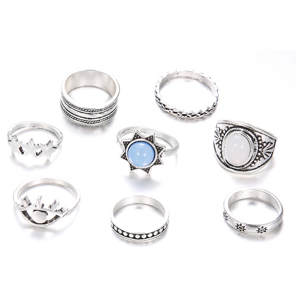 Hu Hu Hu Hu Hu Alat Bantu Pasang Kacamata♡ 7pcs / Set Cincin Buku Jari Aneka Bentuk Gaya Bohemia Untuk Wanita