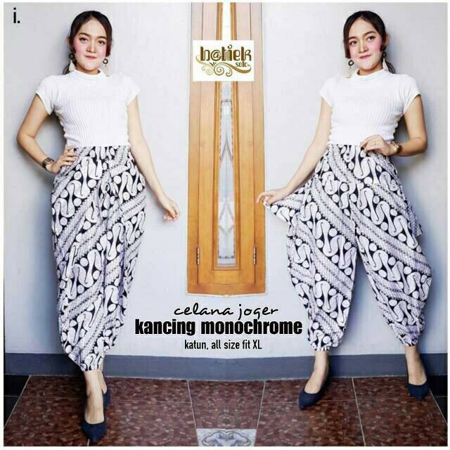 Celana Joger Kancing Monochrome Batik Modern Bawahan Seragam Kantor Muslim Cantik Gaul