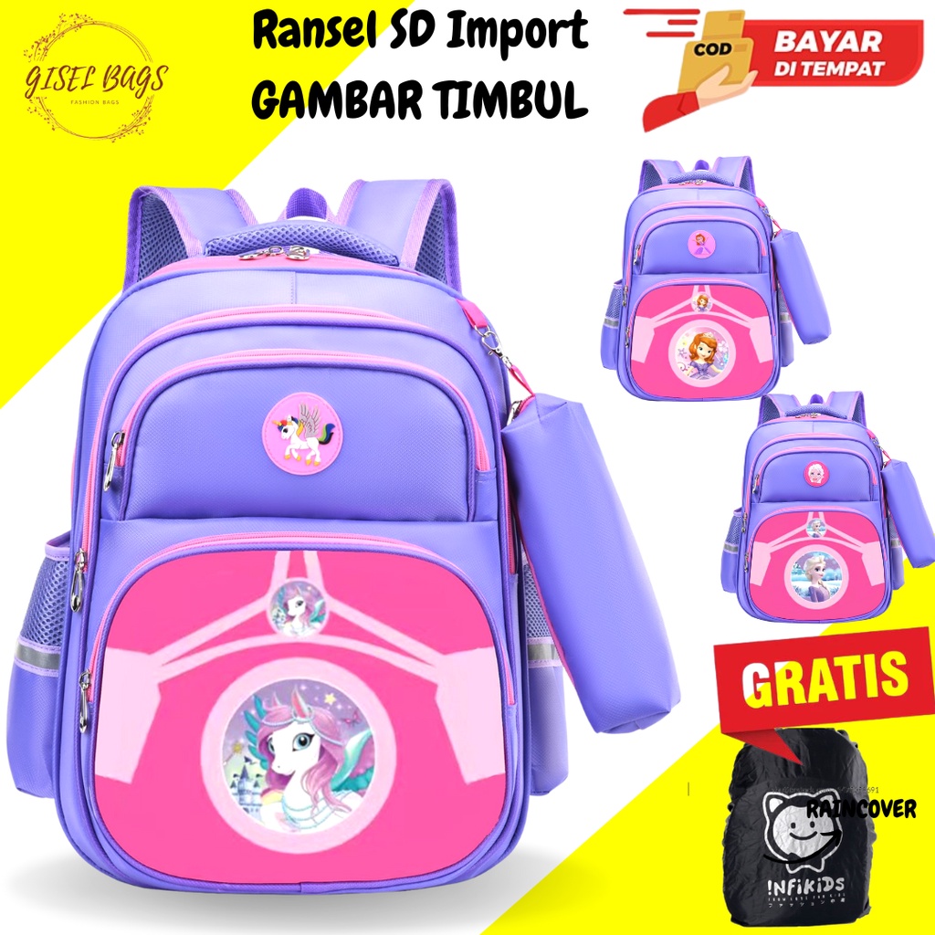 GB Tas sekolah anak perempuan gambar timbul ransel anak import bahan tebal ransel anak sekolah