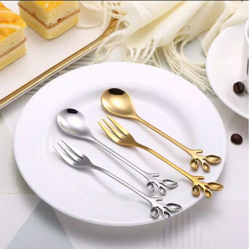 READY! Sendok Garpu Korea / Gold Silver Bentuk Daun / Tea Spoon Gold Daun / Sendok Dessert/ Souvenir