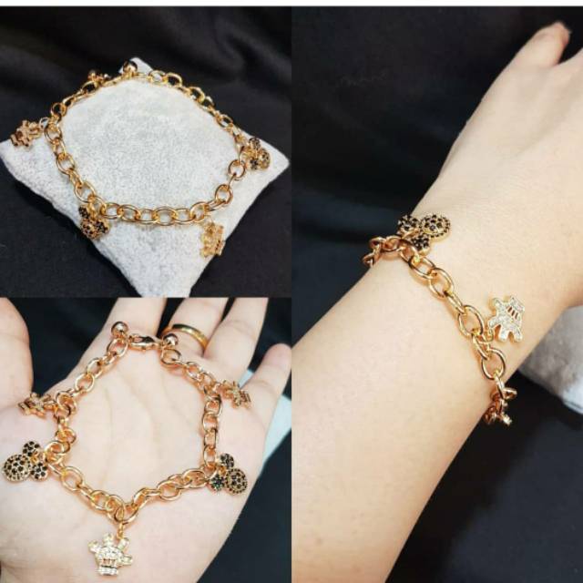 Gelang Premium Quality Lapis emas Mickey Mouse Lonceng Silver Anti Karat Anti Alergi