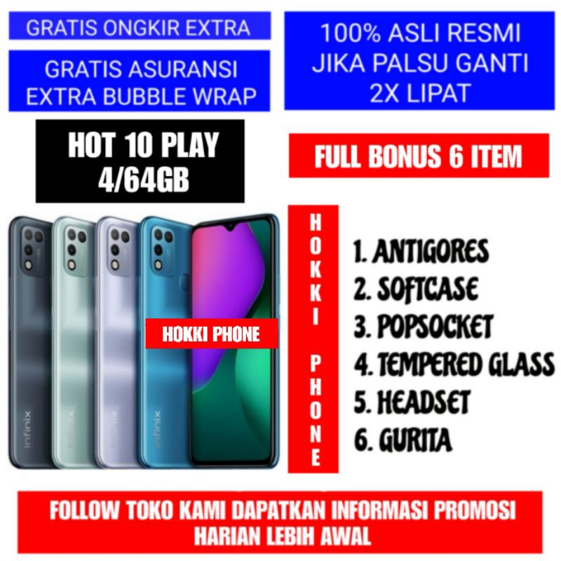 INFINIX HOT 10 PLAY RAM 4GB ROM 64GB GARANSI RESMI INFINIX 1 TAHUN READY