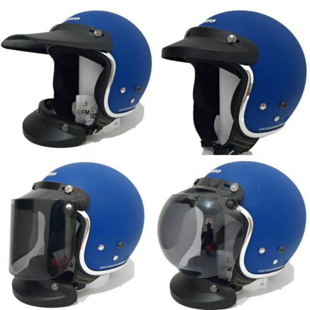 Helm Cargloss Retro Biru Doff Dengan List Chrome