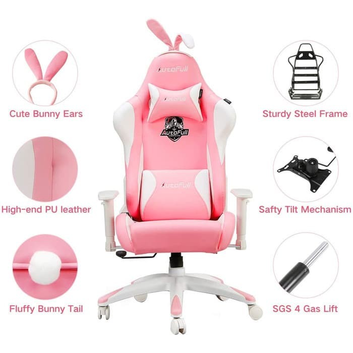 AutoFull Pink Gaming Chair Kursi PU Leather High Back Ergonomic Office Chair