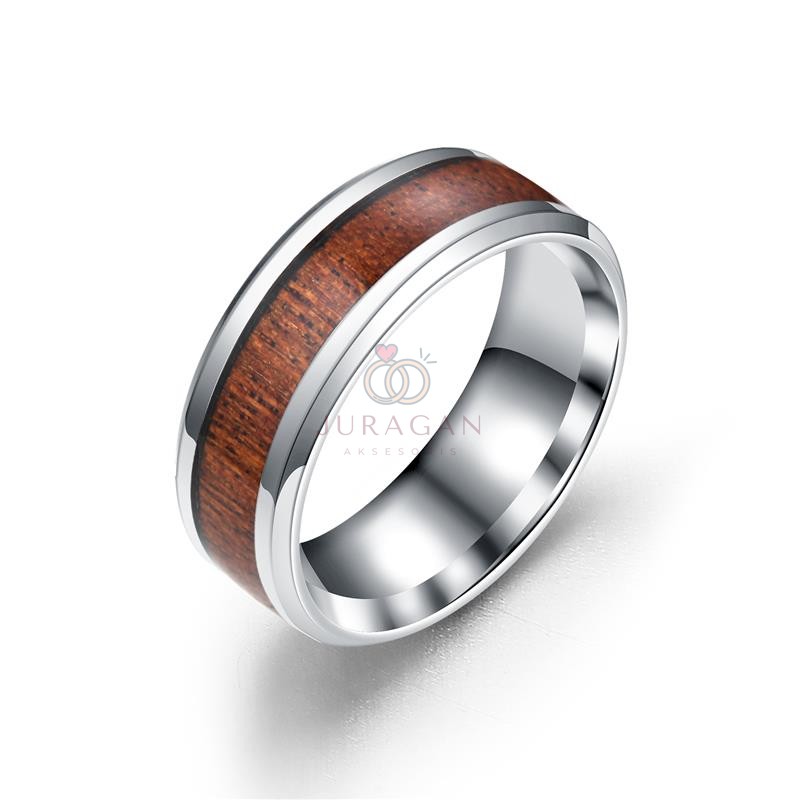 [UKIR NAMA] Cincin Titanium Pria Black/Silver Wood Ring BONUS Gelang