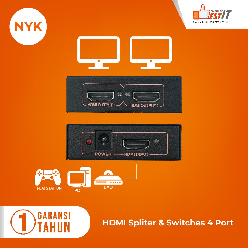 HDMI Splitter NYK 2 Port 1080P UHD -Splitter HDMI 1-2 Plus Adaptor NYK