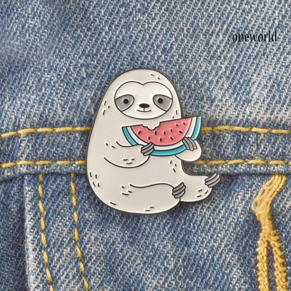 OW@ Lovely Cartoon Sloth Eating Watermelon Unisex Enamel Lapel Badge Brooch Pin