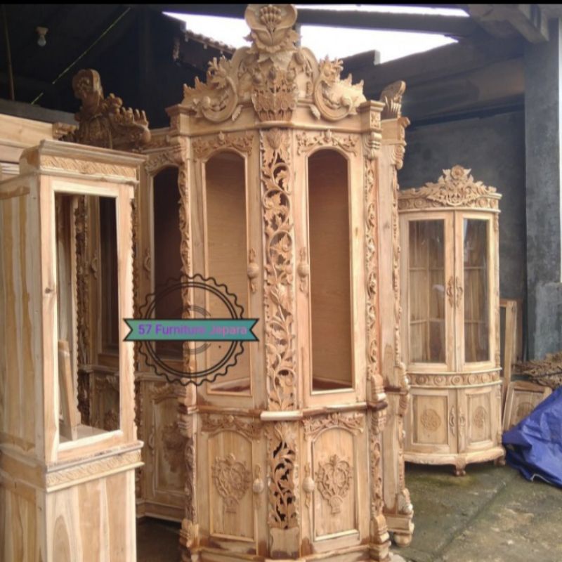 Lemari pojok ful ukir jepara - Rak sudut kayu jati mentahan