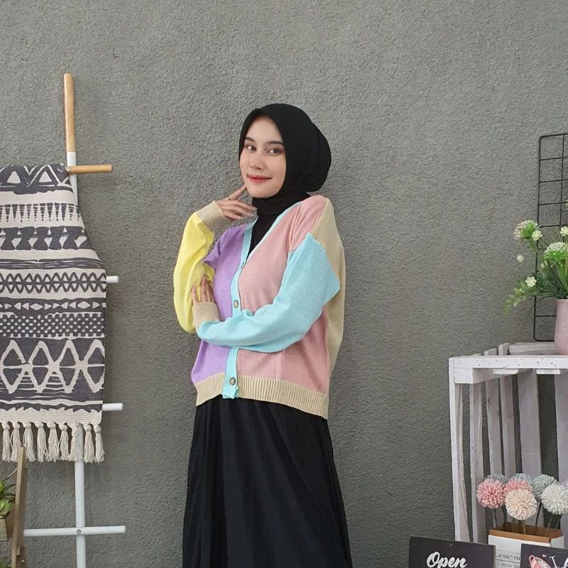 rajut retro rainbow cardigan