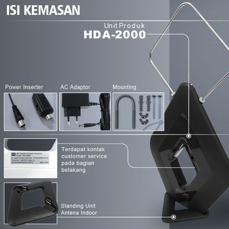 Antena tv digital outdoor indoor booster + kabel 12m hda-2000 px