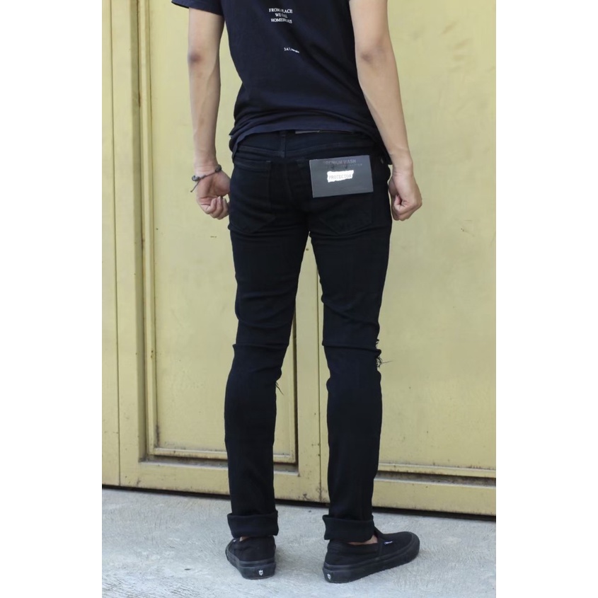 Celana Jeans Sobek lutut Pria Ripped / Celana Panjang Street Melar Skinny