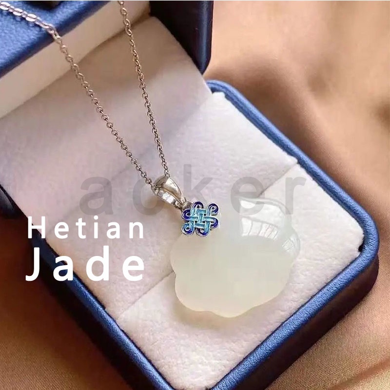 Kalung Sterling Silver S925 Hias Liontin Kunci Giok Burnt Biru Gaya China Untuk Wanita