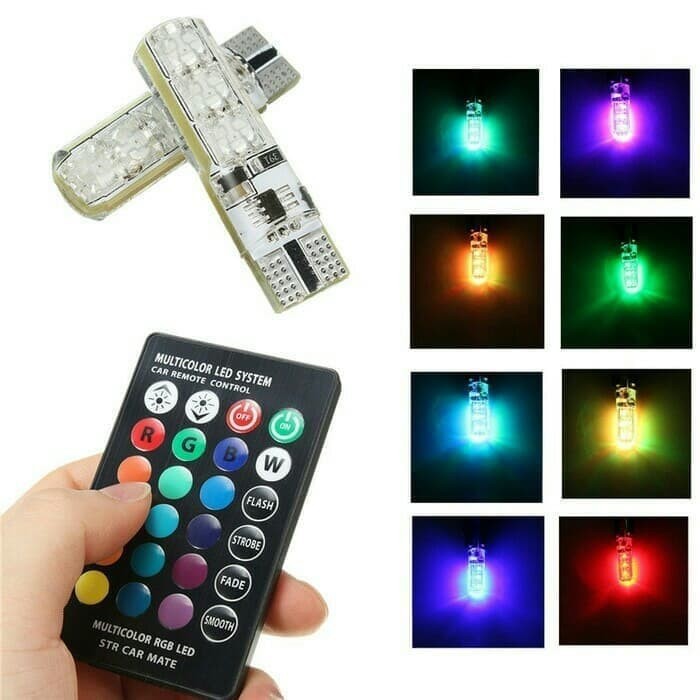 LAMPU LED T10 LAMPU SEN LAMPU REM LAMPU KOTA RGB BISA GANTI WARNA PAKAI REMOT Lampu Led Kota / Spedometer / Senja Remote T10 RGB Isi 2 pcs