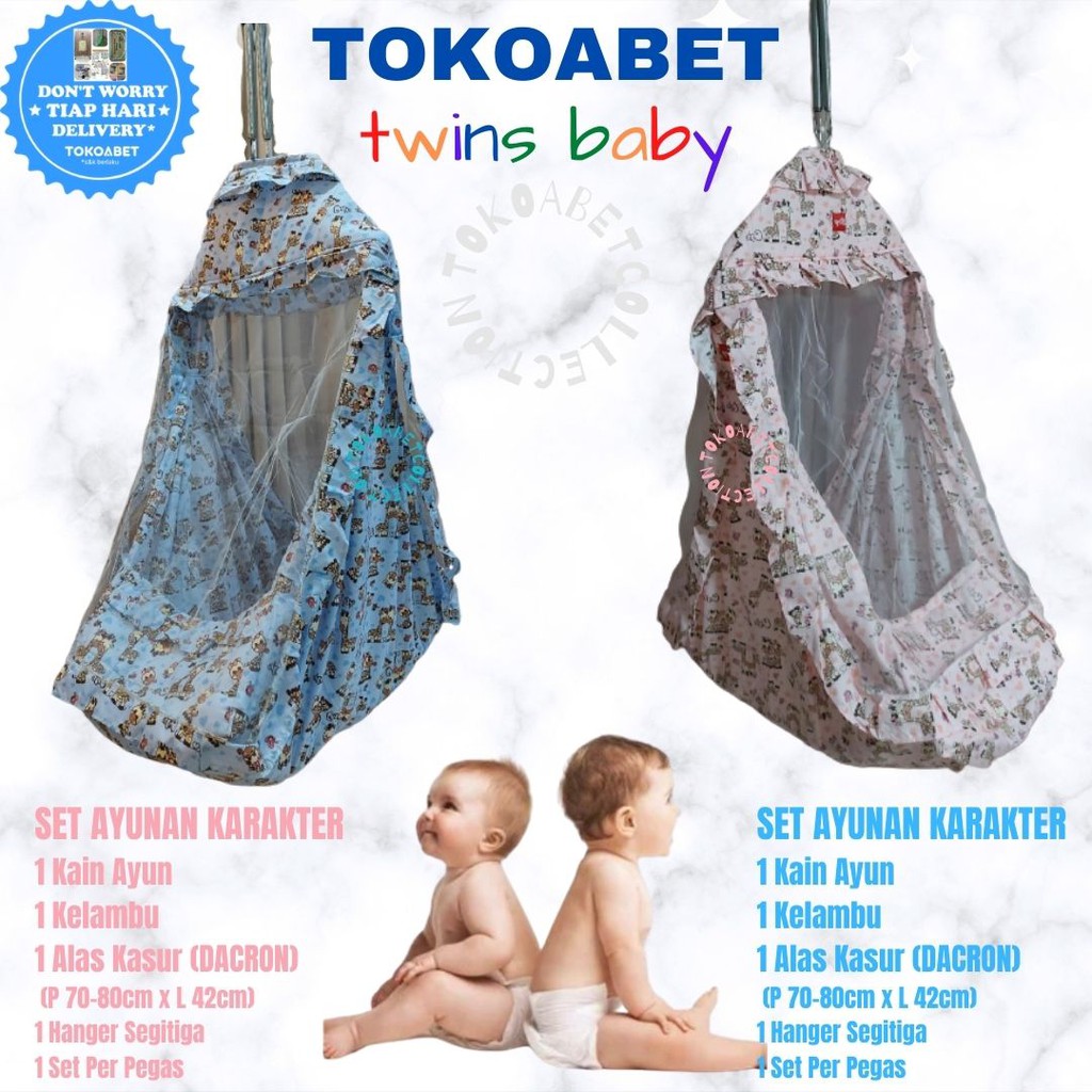 SET TWINS Ayunan kain karakter manual perlengkapan tidur bayi lengkap kain kelambu per hanger