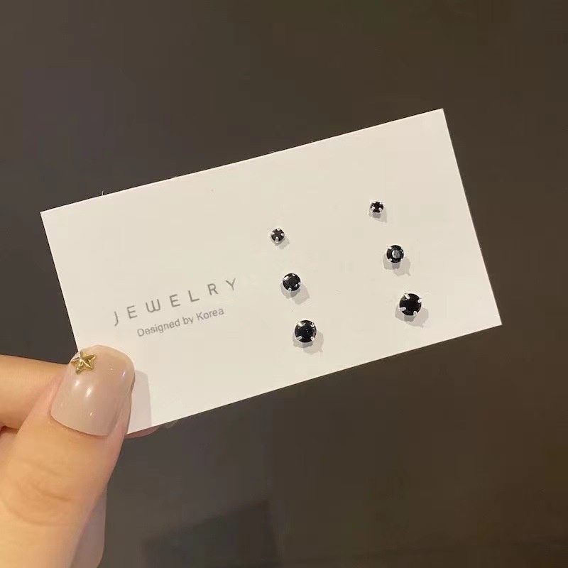 3 Pasang Anting S925 Silver Needle Zircon Warna Hitam Putih Gaya Korea Untuk Perempuan