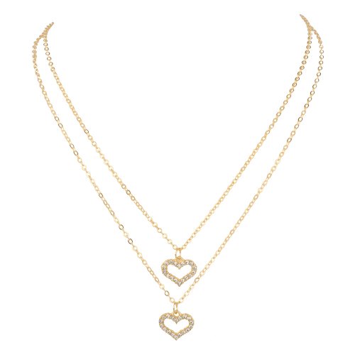 Kalung Multilayer 2 Layer dengan 2 Liontin Hati Dilingkari Permata Fashion Korea Dalika
