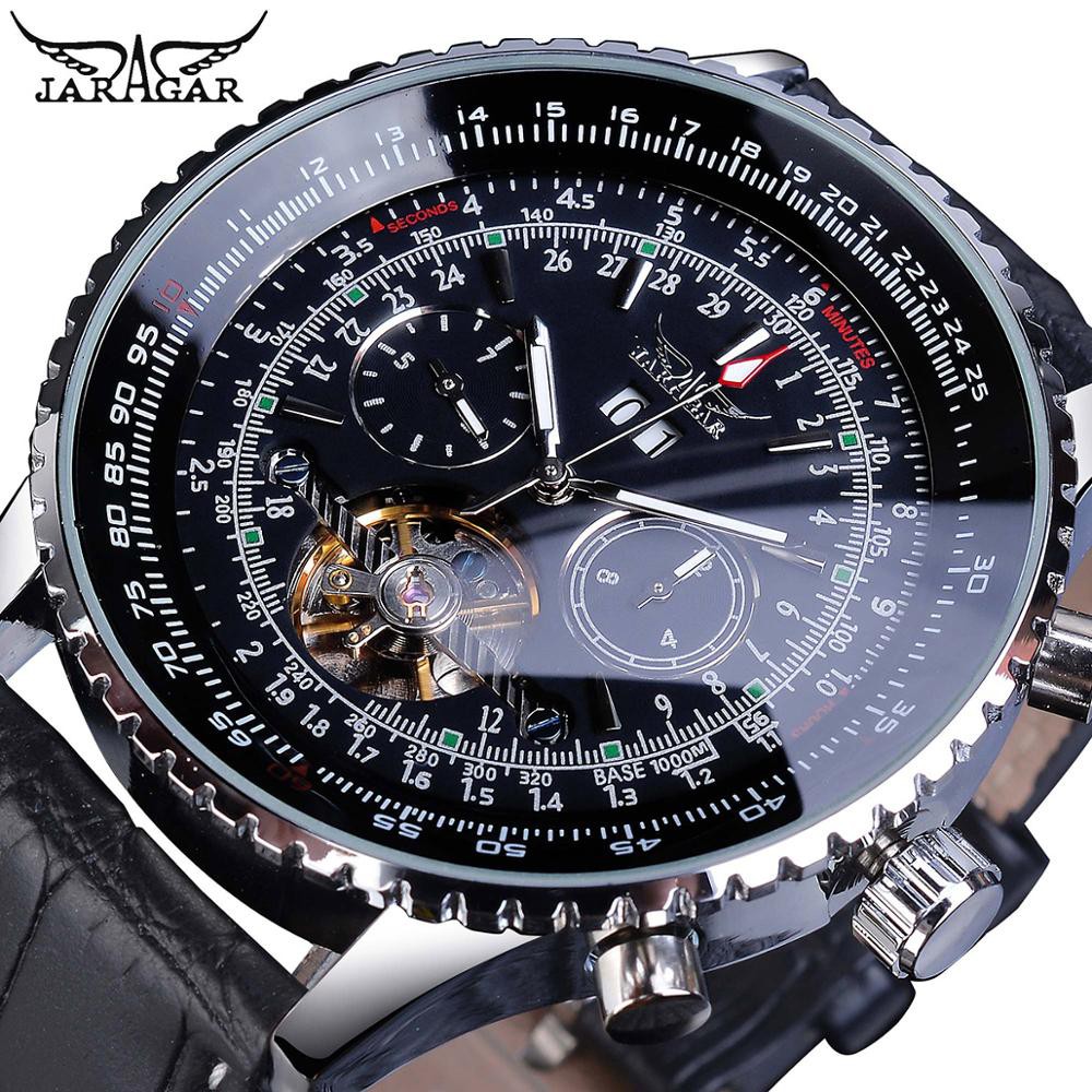 Jam tangan mekanik pria Jaragar Pilot Design Skeleton Automatic Watch Men Tourbillon Date