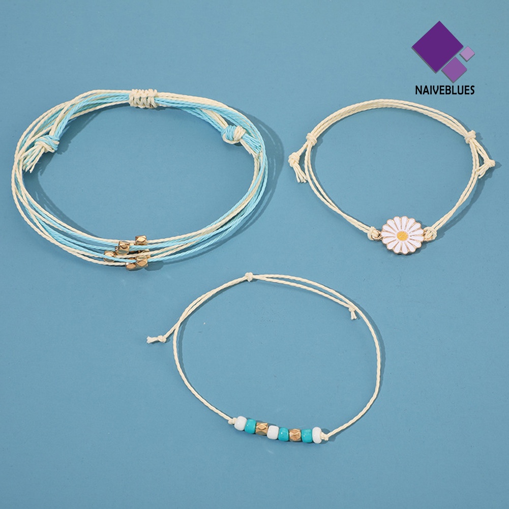 3pcs / Set Gelang Tali Manik-Manik Bunga Gaya Bohemian Untuk Wanita