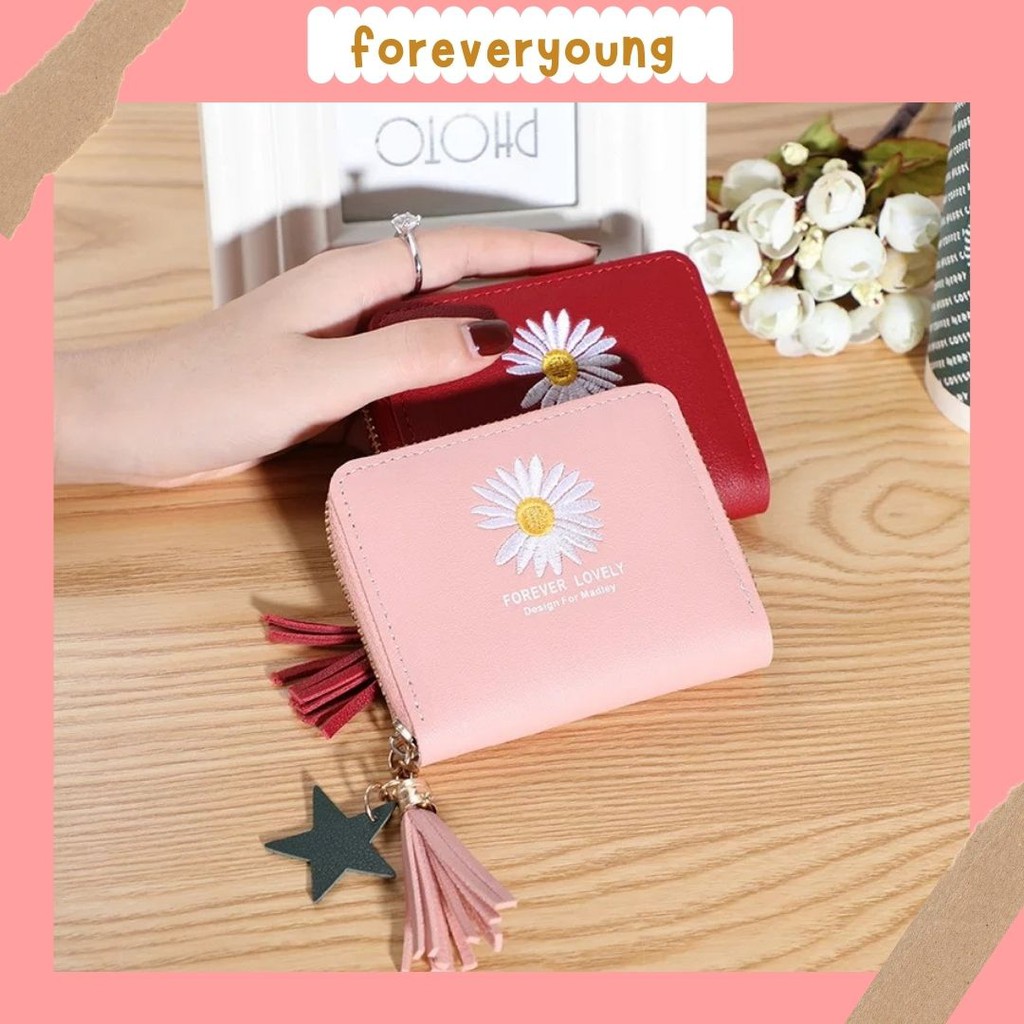 (Fy)Dompet Mini Wanita Dompet Wanita Koin/kartu Dompet Wanita Pendek Motif Bunga Daisy