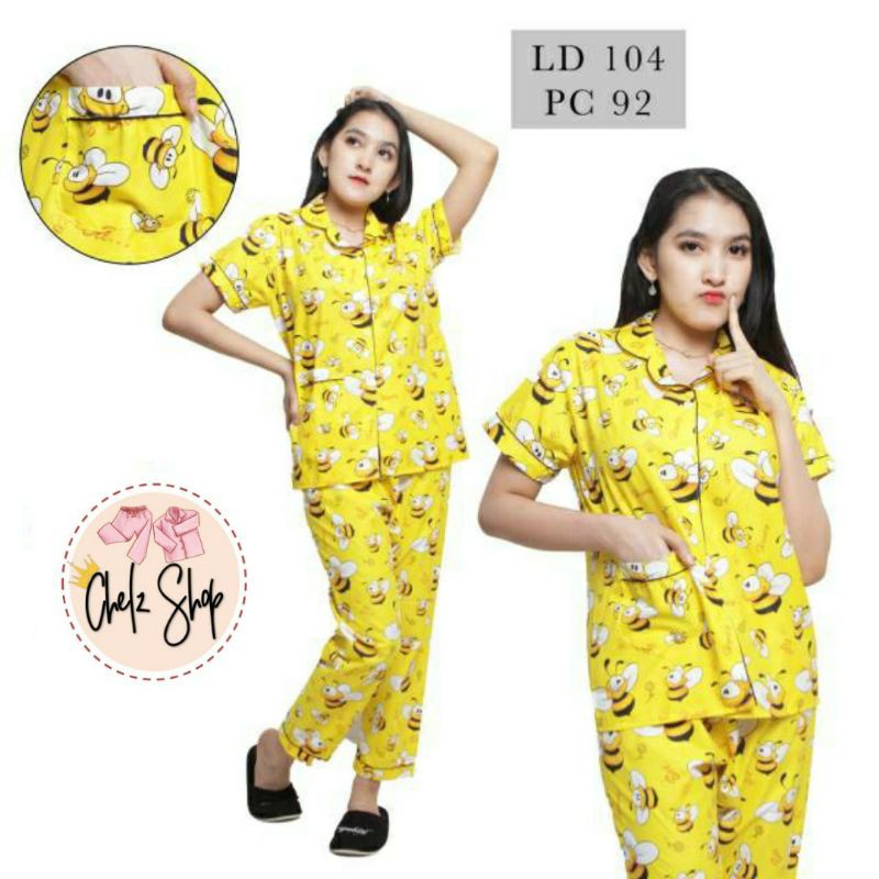 Baju Tidur Piyama Wanita/Cewek Dewasa Pajamas Katun Karakter Bee Lebah