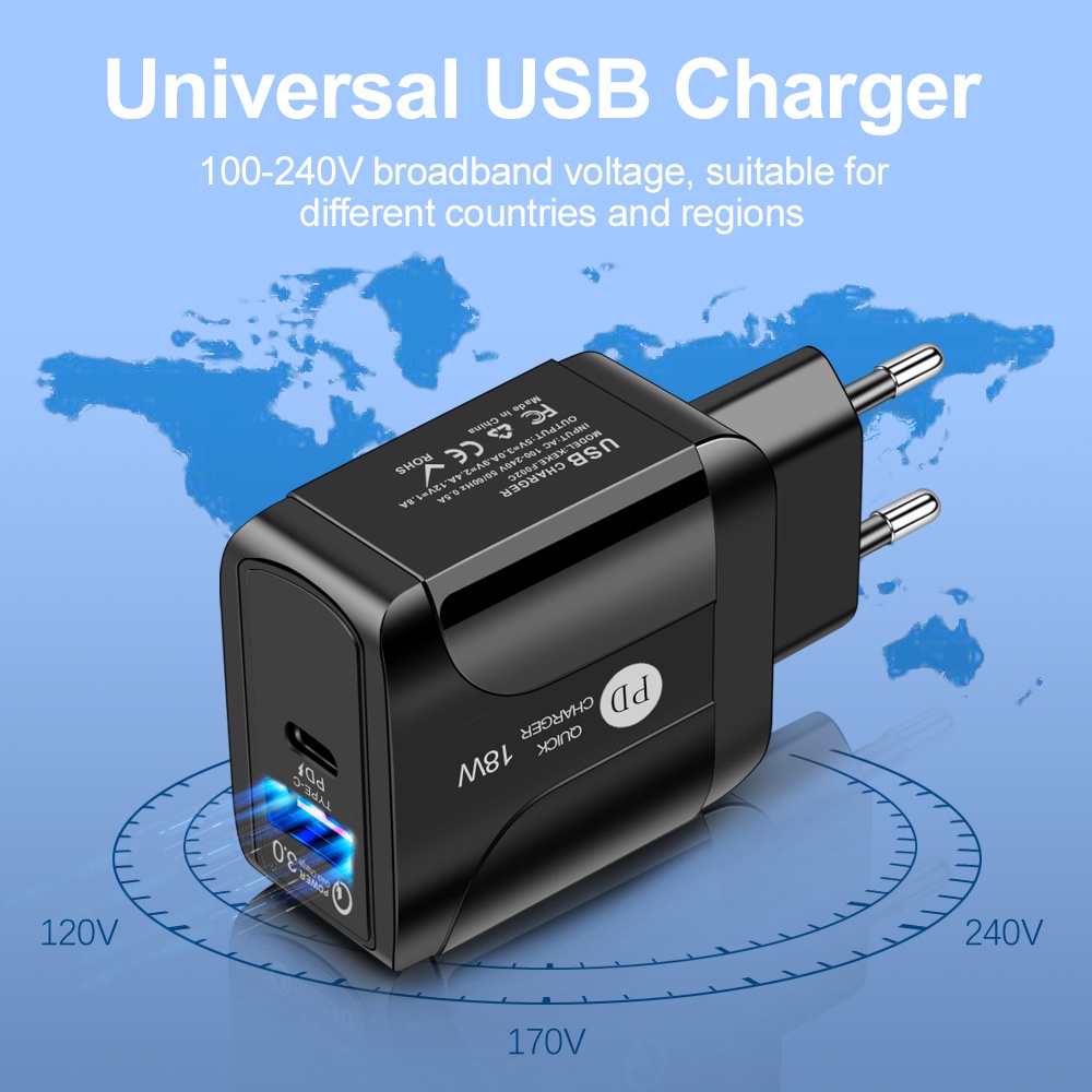 Adapter Charger Dinding QC3.0 Fast Charging Tipe C 18W PD Plug EU UK USB Untuk Travel