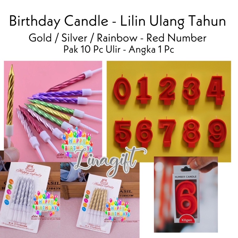 ( Pak / Ecer ) BIRTHDAY CANDLE - LILIN ULANG TAHUN 10 PC ULIR SILVER GOLD RAINBOW / ANGKA MERAH RED 0123456789