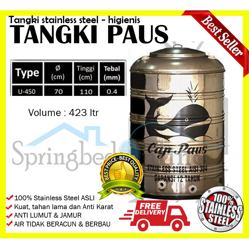 Tangki Air Stainless Steel Cap Paus U450 Liter / Toren / Tandon