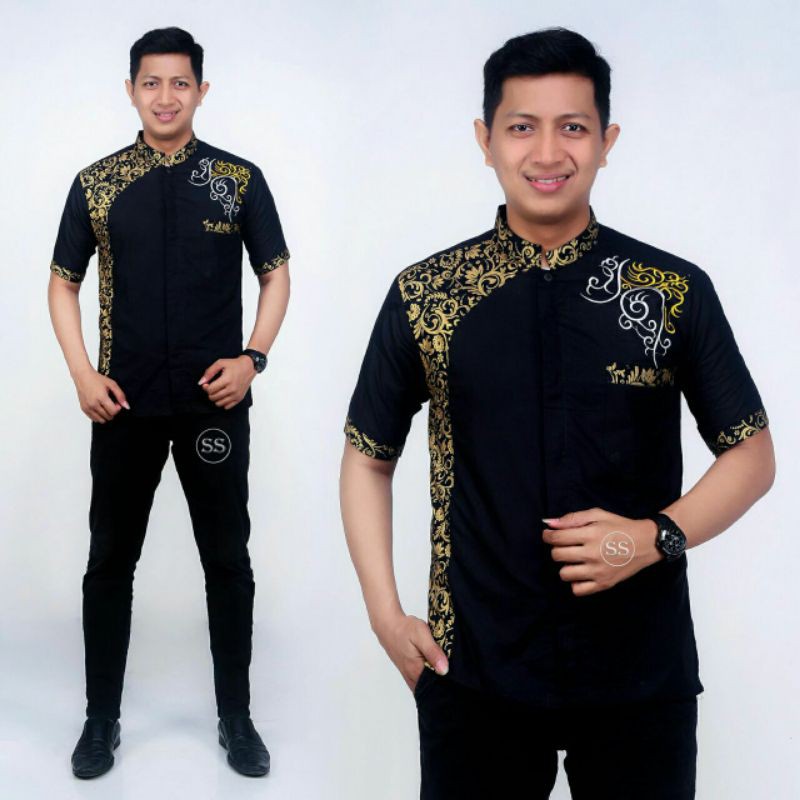 Baju Koko Batik Pria Lengan Pendek Modern Mix Bordir Halus