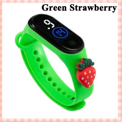Jam Tangan Elektronik Tahan Air IP67 Motif Kartun Anak Laki-laki Perempuan LED Minimalis Gelang-Green Strawberry