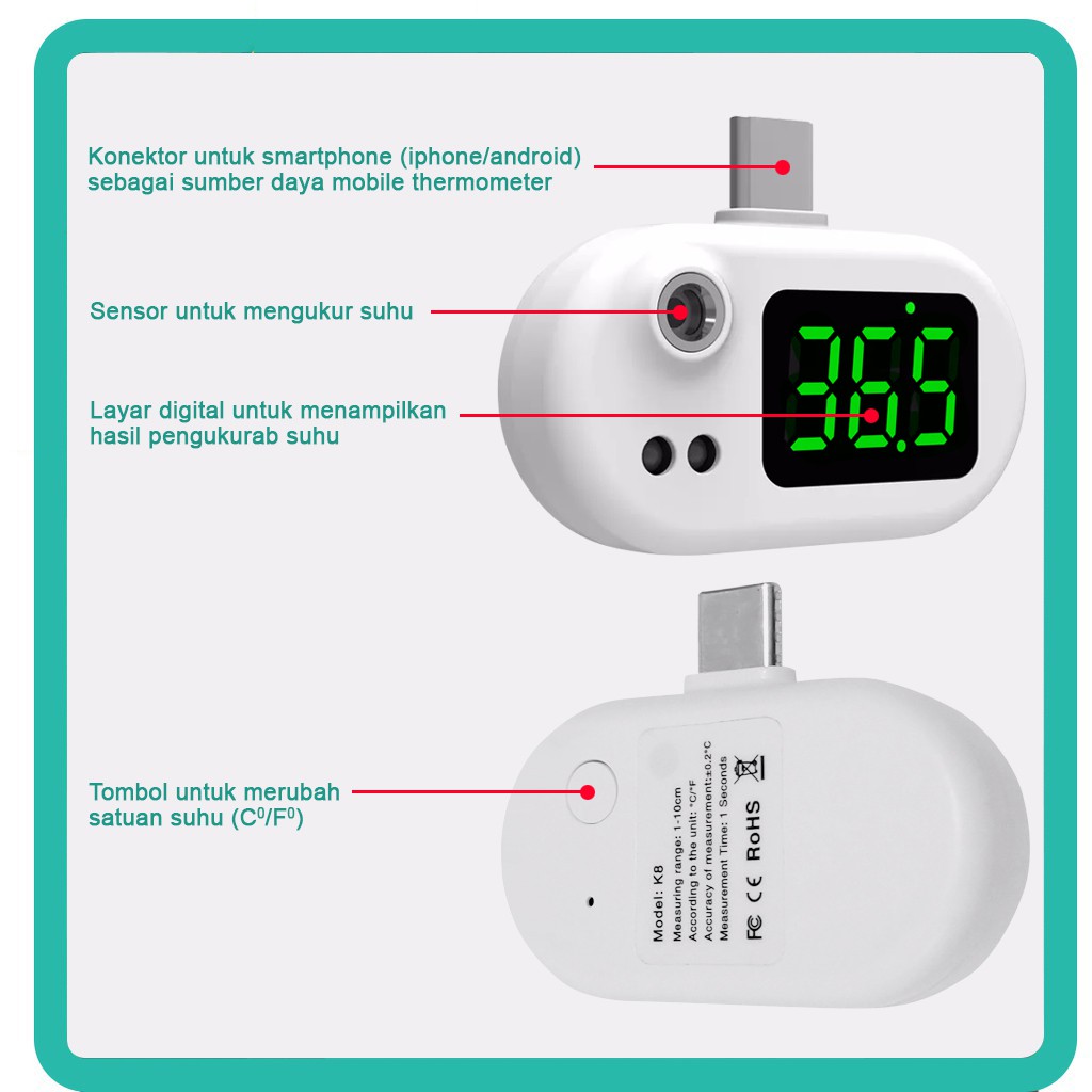 Mini Mobile Phone Thermometer Portable USB,Type C,Iphone High-Precision Infrared Fever Non-Contact