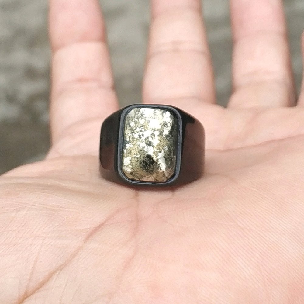 CINCIN BATU AKIK NATURAL BADAR EMAS PYRITE MINIMALIS TITANIUM OCTAGON