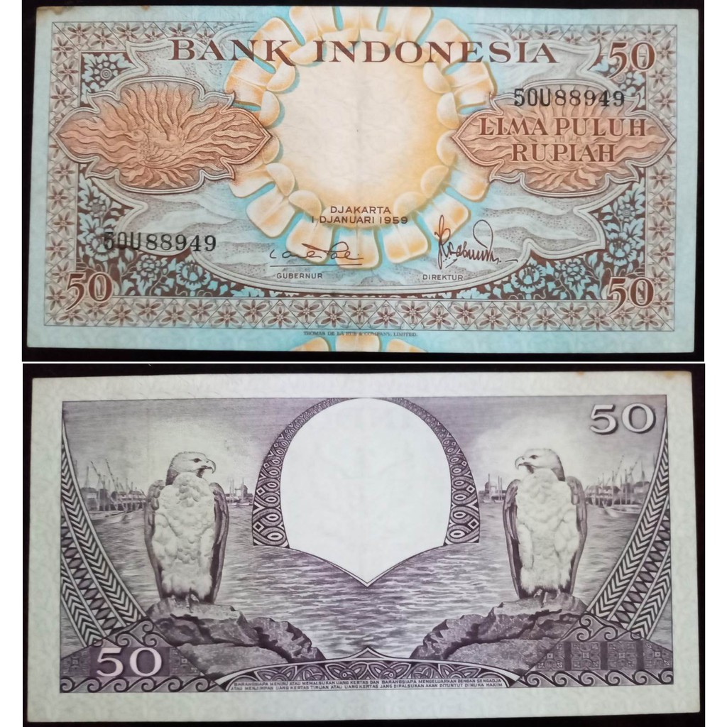 Uang Kuno 50 Rupiah Tahun 1959 Seri Bunga Prefik Satu Huruf "U"