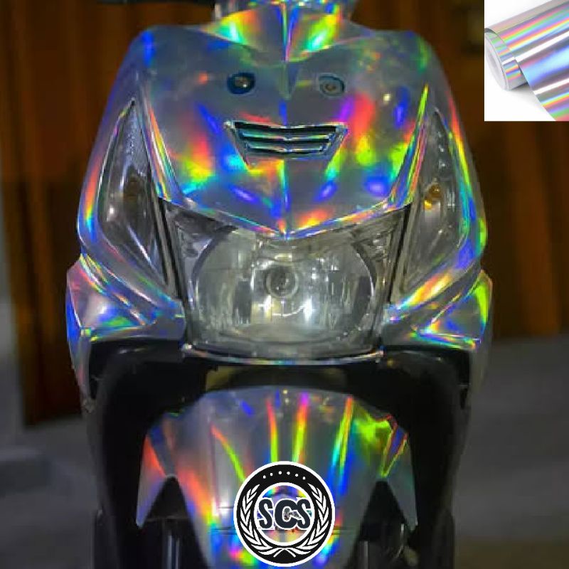 Sticker skotlet pelangi hologram putih / Sticker skotlet motor / skotlet mobil / Sticker hologram