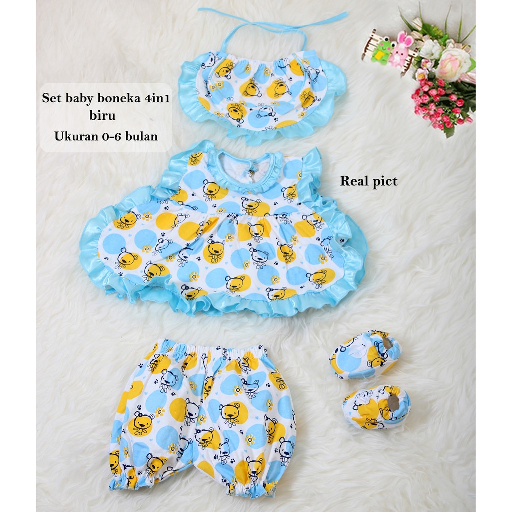 Set Bayi Boneka 4in 1/Setelan Stelan Baju Bayi Premium Murah/Baju Harian Bayi/Set Baju Bayi Lucu