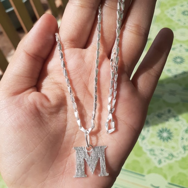 Kalung inisial model padi perak asli