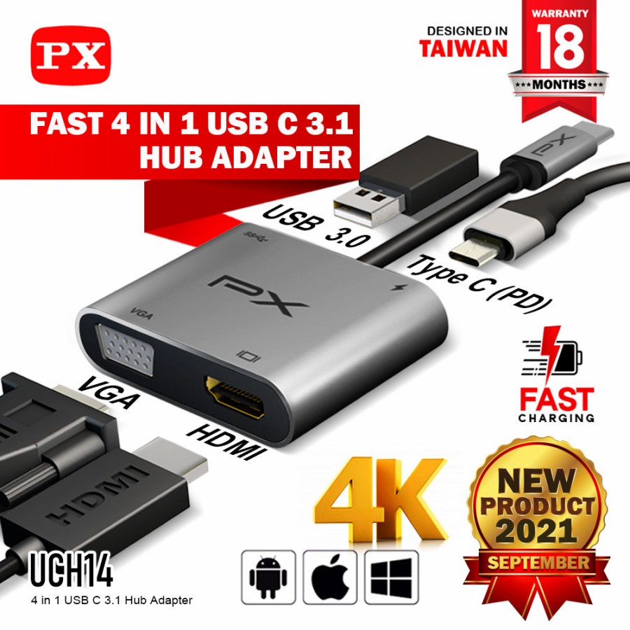 PX HUB CONVERTER ADAPTOR TYPE C 3.1 TO HDMI VGA USB 4in1 4K UCH14 Type C 3.1 to HDMI VGA USB Hub Con