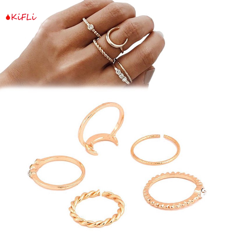 5Pcs Cincin,Vintage Boho Model Stackable,Bulan untuk Wanita