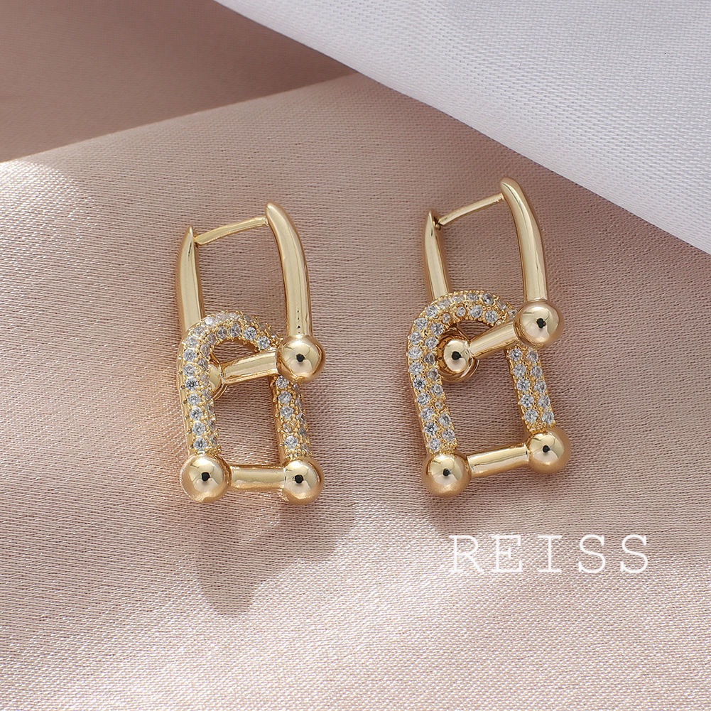 Korea Anting Fashion Zirkon Rantai Persegi Anting Kunci Kecil Anting Hoop Emas Geometris Tindik